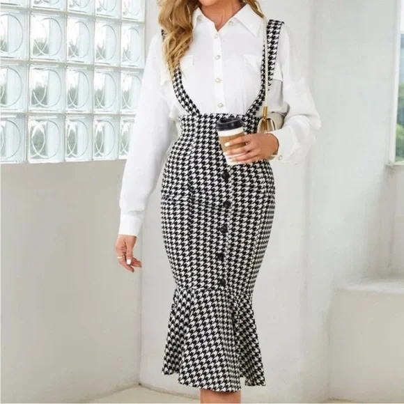 Mermaid Hem Skirt with suspenders Houndstooth Print - Picture 2 of 9